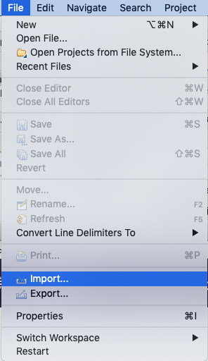 eclipse file menu import